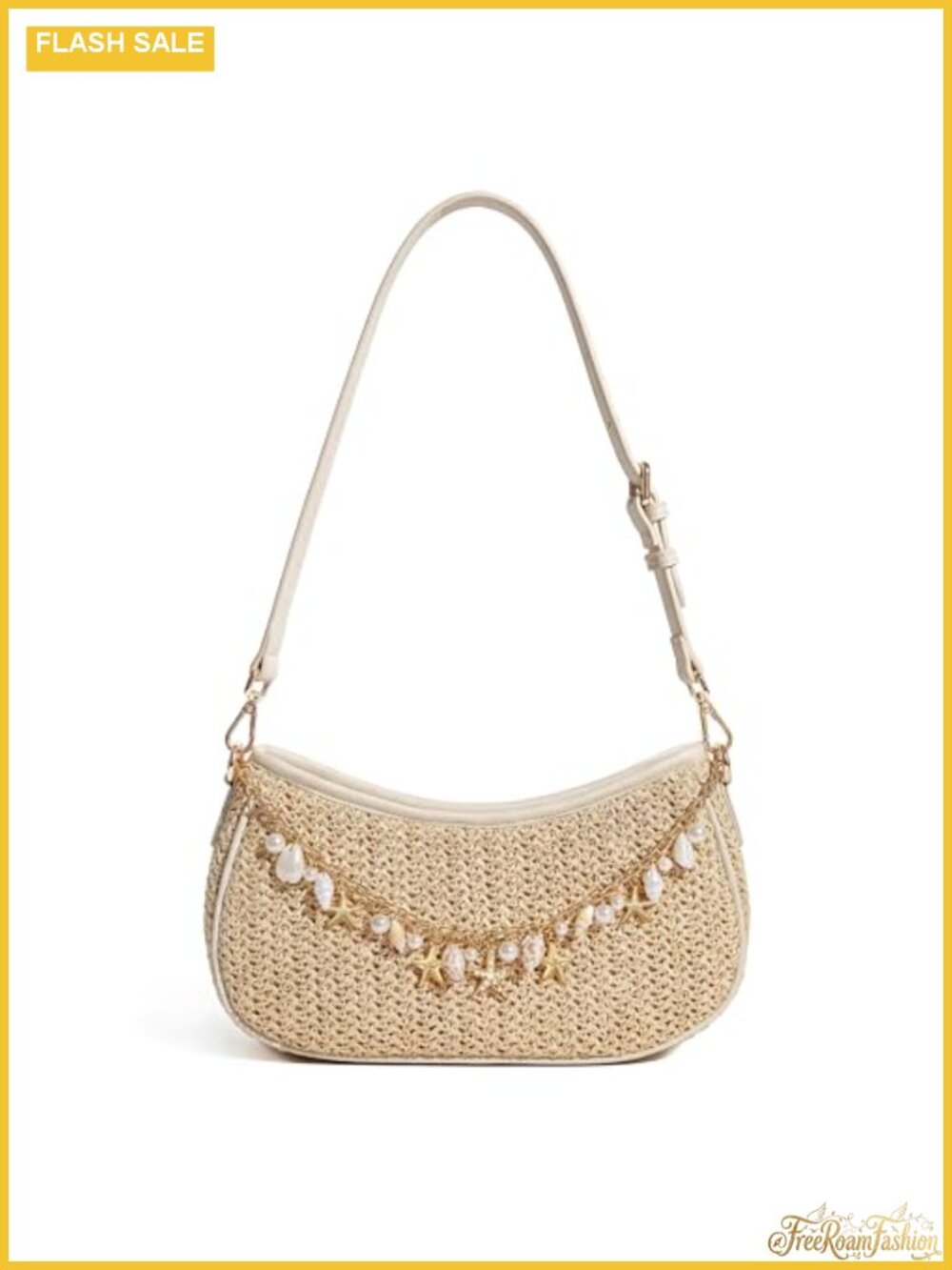 Woven Raffia Shoulder Bag with Shell Charm Chain Summer Beach Purse